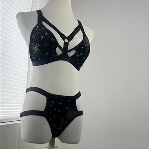 Witchy Black velvet and Gold Strappy Lingerie Set Moon stars Small